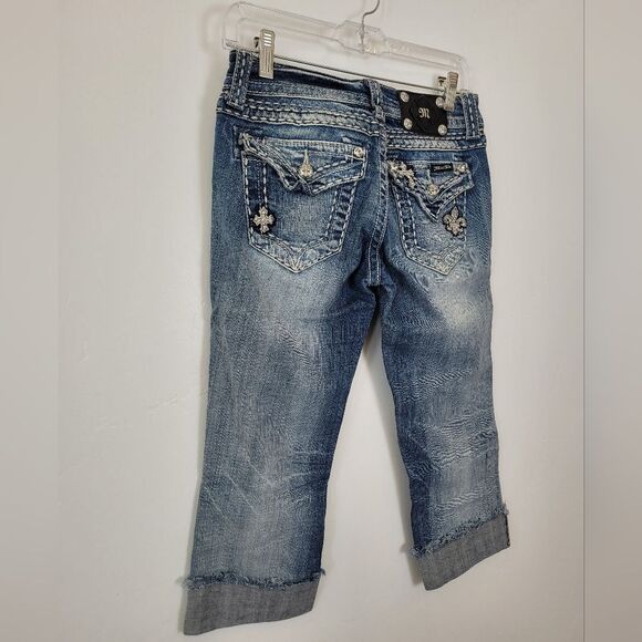 Miss Me Easy Capri Jeans Cropped Bedazzled Y2K 90s Casual Denim Medium Wash 25 - Picture 7 of 10